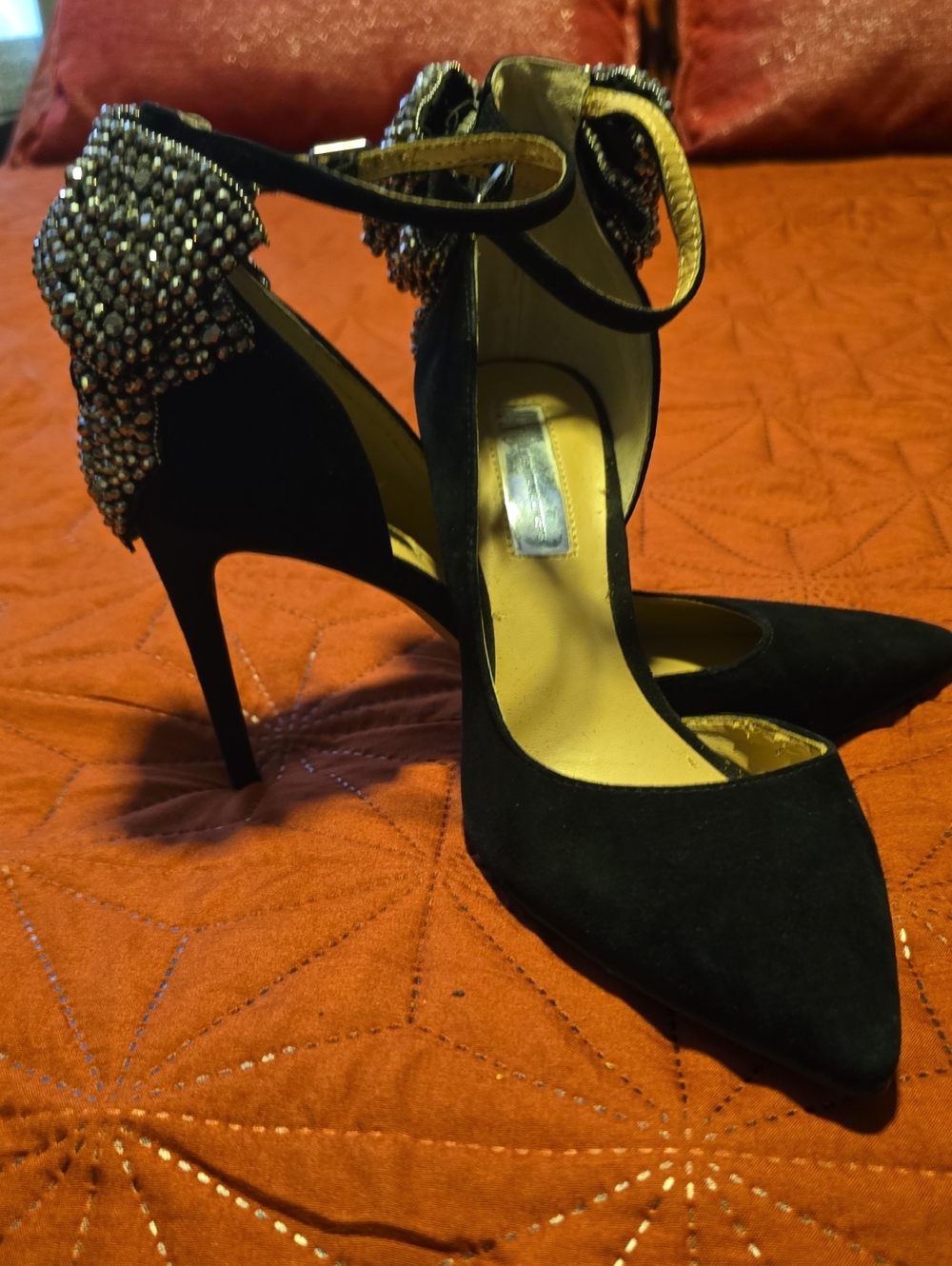 Black Womens Suede Pointed Toe Ankle Strap Heels with Crystal Accent